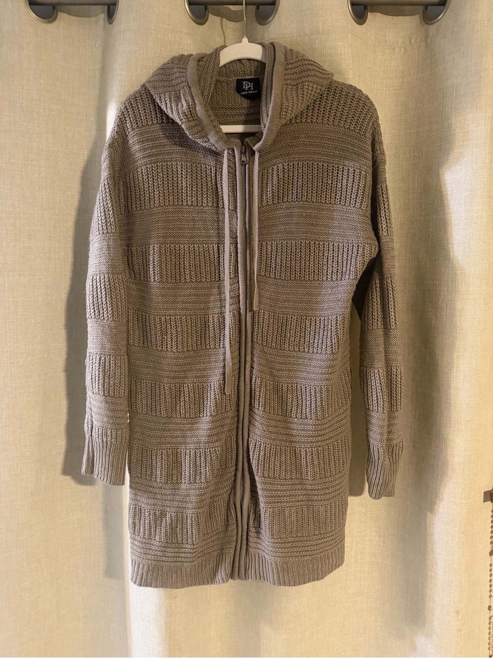 Tunic-Length Hooded Zip Cardigan Sweater - Taupe